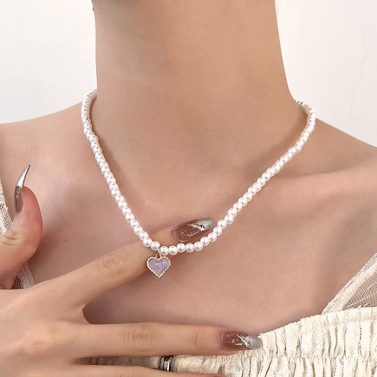 Fashion Heart Shape Imitation Pearl Enamel Pendant Necklace