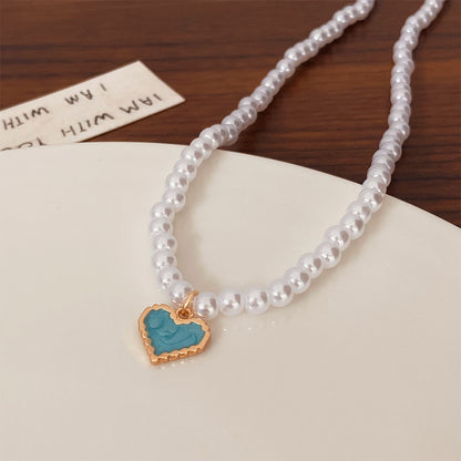 Fashion Heart Shape Imitation Pearl Enamel Pendant Necklace