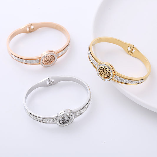 Fashion Tree Stainless Steel Hollow Out Rhinestones Bangle
