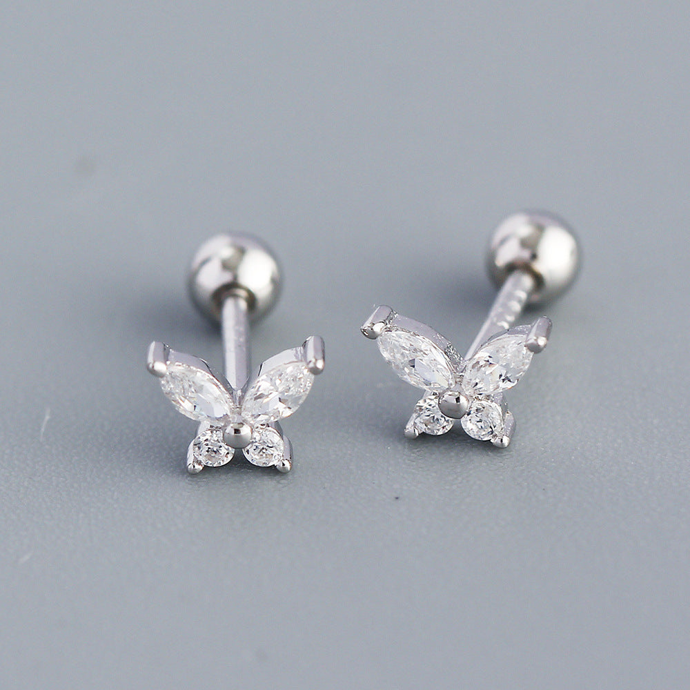 Fashion Butterfly Silver Inlay Zircon Ear Studs 1 Pair