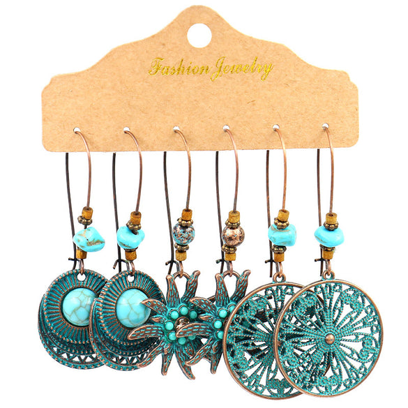 1 Set Retro Bohemian Round Water Droplets Flower Irregular Tassel Inlay Alloy Turquoise Drop Earrings