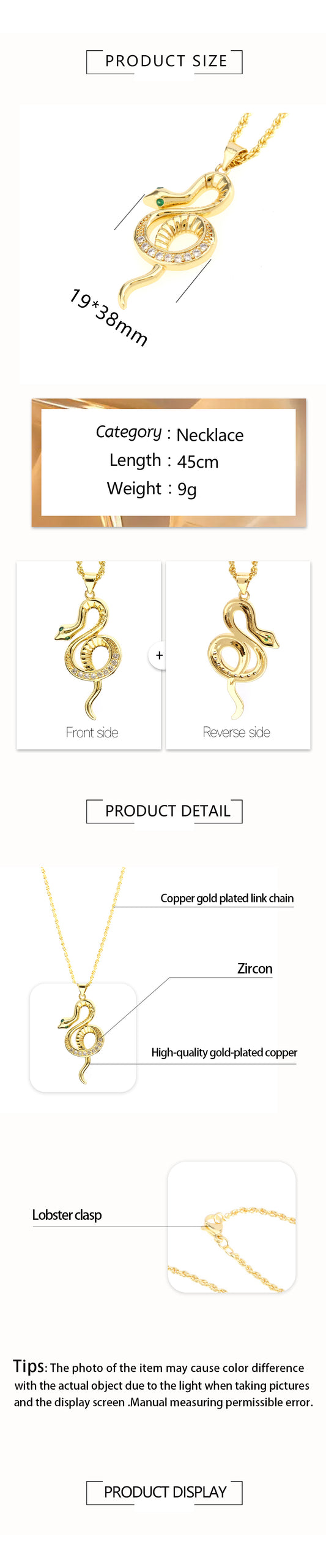 Elegant Snake Copper Plating Zircon Pendant Necklace
