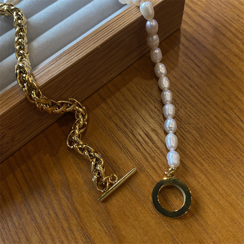 Fashion Cross Heart Shape Titanium Steel Pearl Chain Necklace 1 Piece