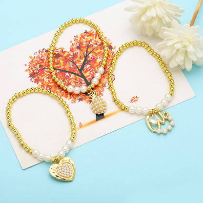 Baroque Style Heart Shape Bow Knot Key Copper Gold Plated Artificial Pearls Zircon Bracelets 1 Piece
