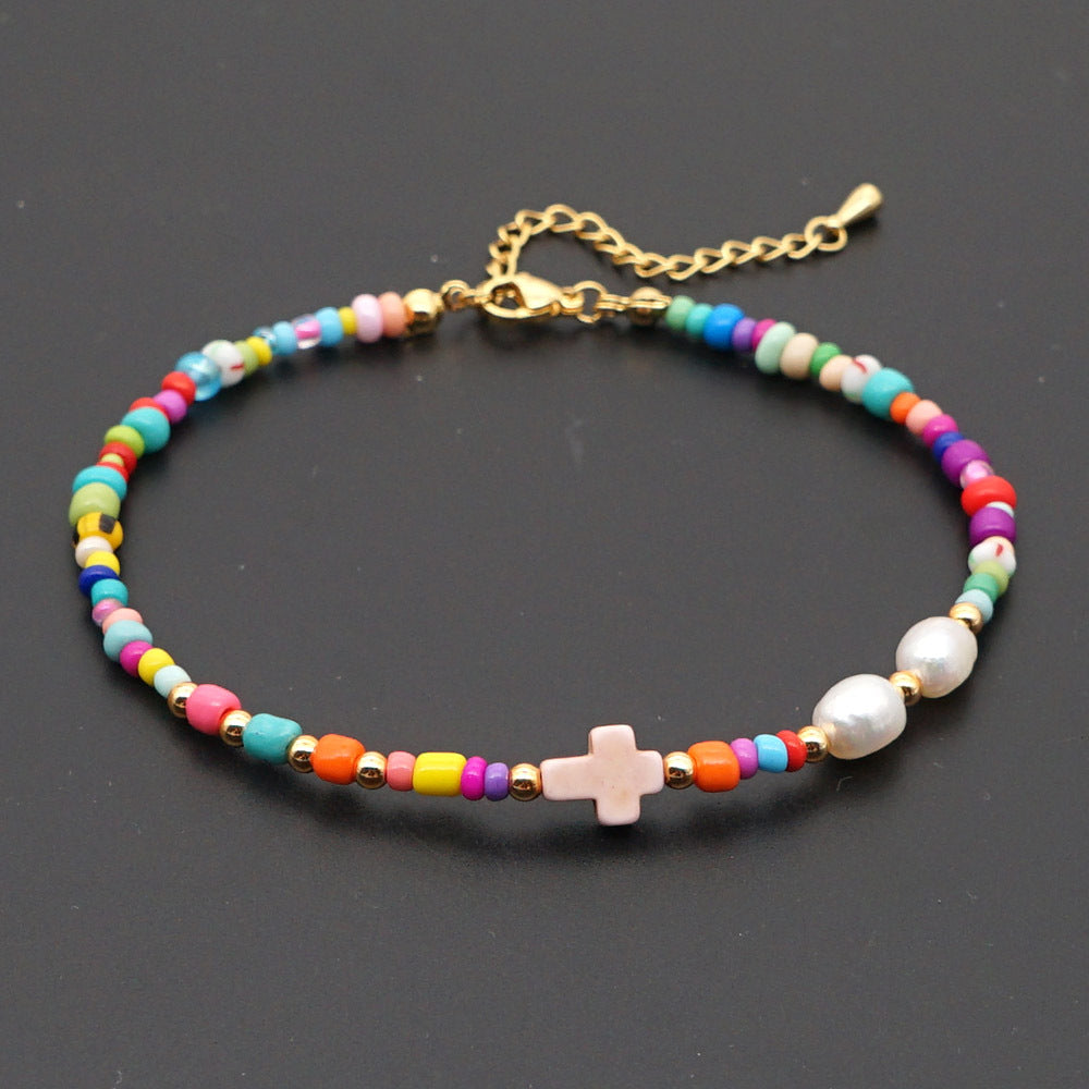 Bohemian Ethnic Style Eye Beads Rainbow Rice Beads Baroque Natural Freshwater Pearl Anklet Women
