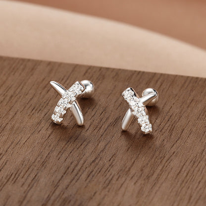 Fashion Crown Flower Fish Tail Silver Inlay Zircon Ear Studs 1 Pair
