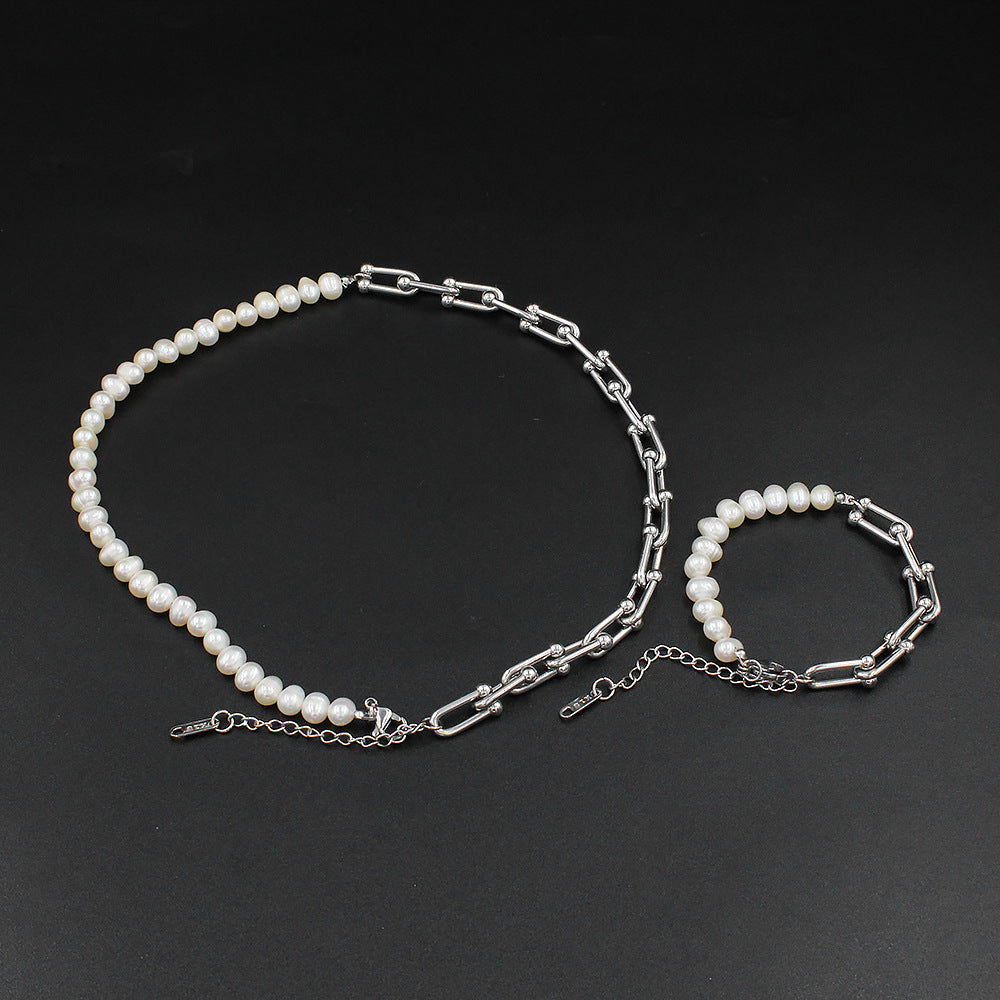 Retro Geometric Stainless Steel Pearl Bracelets Necklace 1 Piece