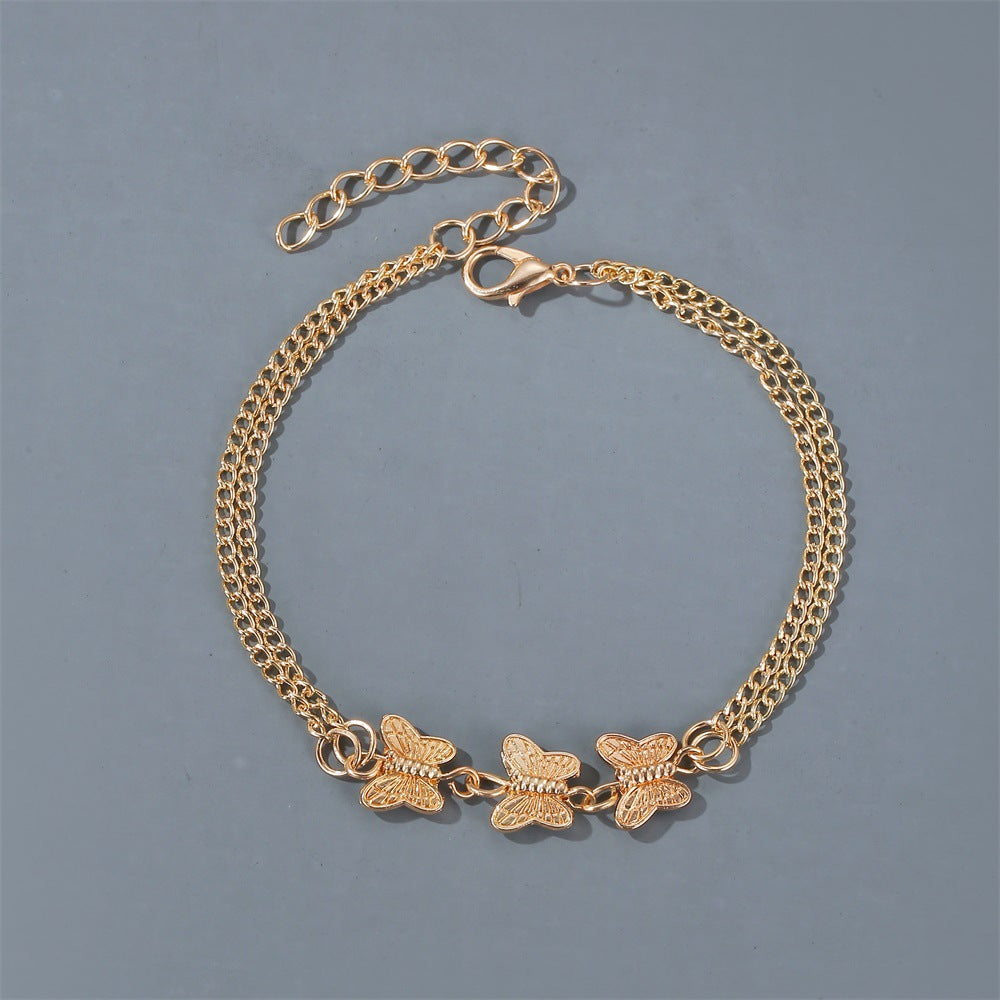 New Anklets Niche Metal Texture Three Butterfly Anklets Cold Wind Simple Double-layer Feet Wholesale Nihaojewelry