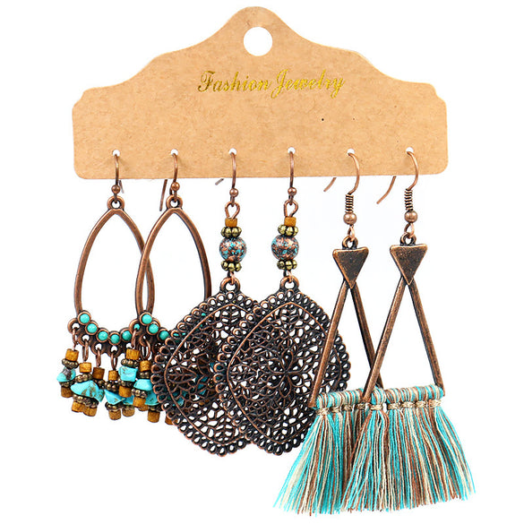 1 Set Retro Bohemian Round Water Droplets Flower Irregular Tassel Inlay Alloy Turquoise Drop Earrings