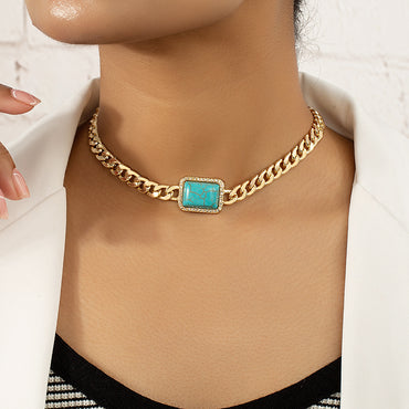 Ethnic Style Quadrilateral Alloy Inlay Gem Turquoise Women's Choker