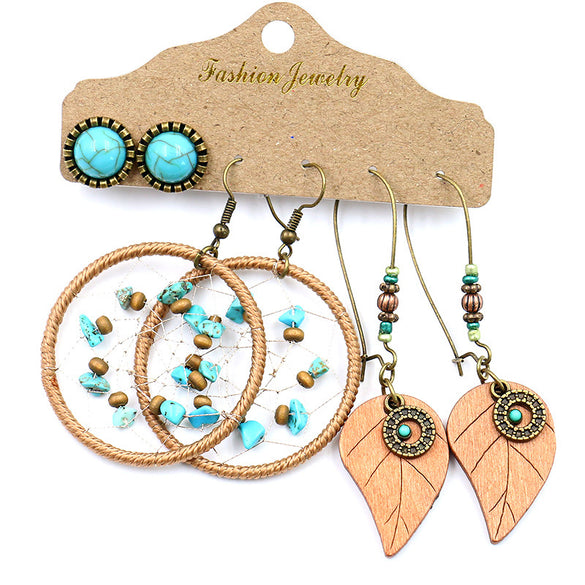1 Set Retro Bohemian Round Water Droplets Flower Irregular Tassel Inlay Alloy Turquoise Drop Earrings