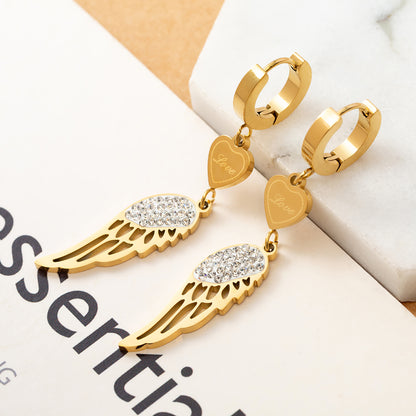 Fashion Circle Wings Titanium Steel Polishing Gold Plated Inlay Zircon Drop Earrings 1 Pair