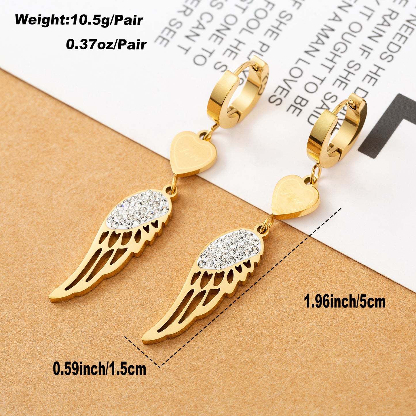 Fashion Circle Wings Titanium Steel Polishing Gold Plated Inlay Zircon Drop Earrings 1 Pair