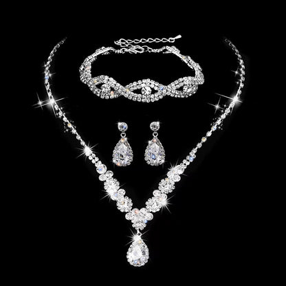 Sweet Water Droplets Tassel Eye Rhinestone Copper Plating Earrings Necklace 2 Piece Set