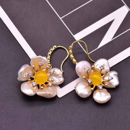 1 Pair Fashion Flower Turquoise Pearl 14K Gold Plated Earrings