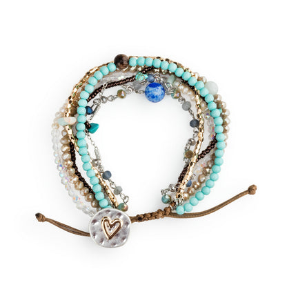 Glam Luxurious Shiny Cross Heart Shape Alloy Natural Stone Crystal Beaded Handmade Drawstring Turquoise Crystal Glass Stone Bracelets Bangle 1 Set