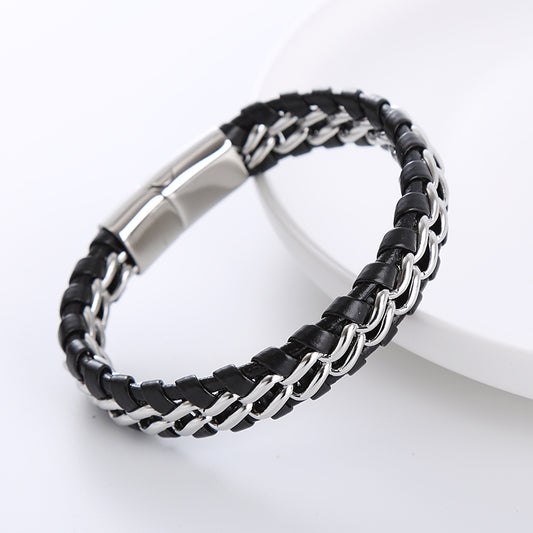 1 Piece Simple Style Geometric Stainless Steel Leather Patchwork Men's Bracelets