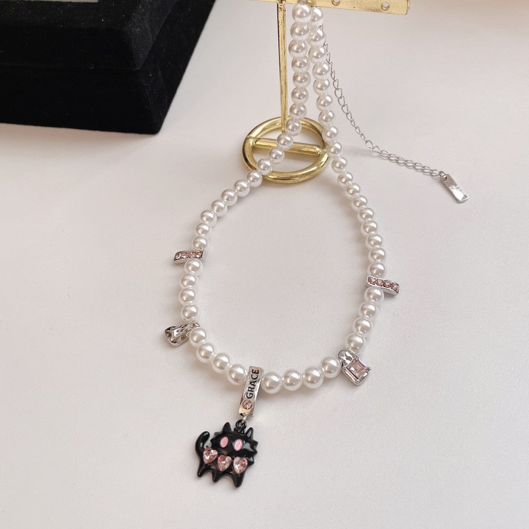 Fashion Heart Shape Cat Imitation Pearl Alloy Inlay Rhinestones Valentine's Day Women's Earrings Necklace