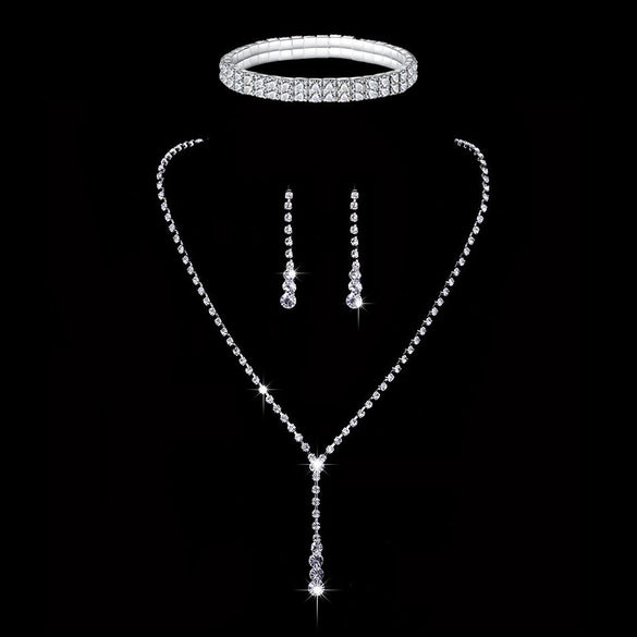 Sweet Water Droplets Tassel Eye Rhinestone Copper Plating Earrings Necklace 2 Piece Set