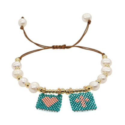 Simple Style Cross Heart Shape Freshwater Pearl Seed Bead Copper Beaded Bracelets