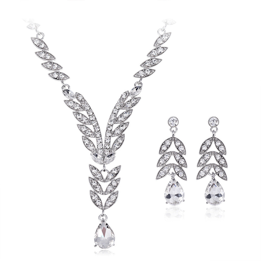1 Set Elegant Leaf Water Droplets Alloy Glass Inlay Rhinestones Women's Earrings Necklace