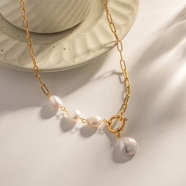 Fashion Irregular Stainless Steel Baroque Pearls Plating 18k Gold Plated Pendant Necklace