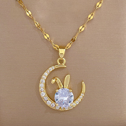Fashion Moon Titanium Steel Copper Inlay Zircon Pendant Necklace