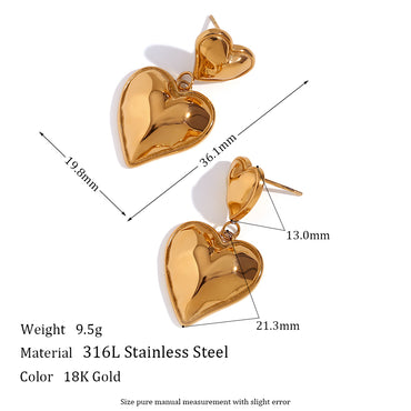 1 Pair Elegant Heart Shape Stainless Steel Plating Drop Earrings