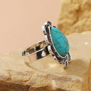 Classical Ethnic Style Water Droplets Alloy Inlay Turquoise Women's Open Ring