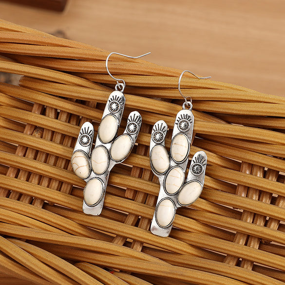 1 Pair Ethnic Style Cactus Inlay Alloy Turquoise Drop Earrings