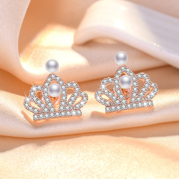 1 Pair Sweet Leaf Crown Bow Knot Imitation Pearl Copper Inlay Rhinestones Earrings