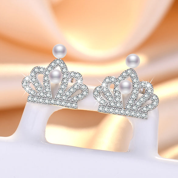 1 Pair Sweet Leaf Crown Bow Knot Imitation Pearl Copper Inlay Rhinestones Earrings
