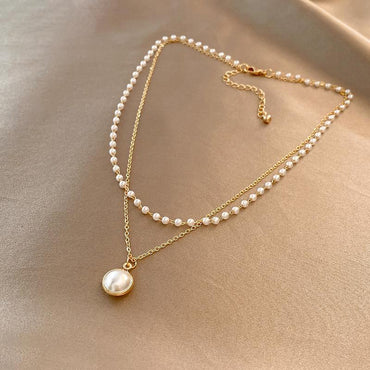 Wholesale Elegant Round Titanium Steel 18k Gold Plated Freshwater Pearl Layered Necklaces