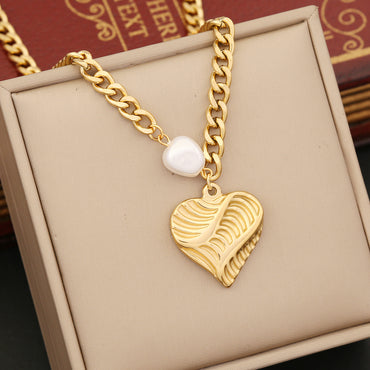 Wholesale Baroque Style Irregular Cross Heart Shape Stainless Steel Imitation Pearl Necklace