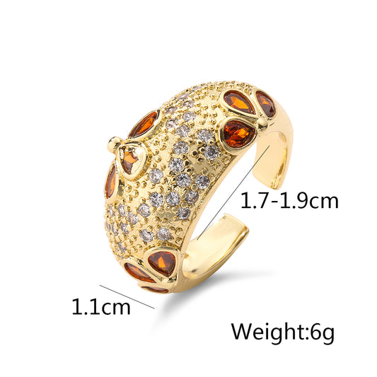 Commute Water Droplets Heart Shape Copper Plating Inlay Zircon 18k Gold Plated Open Ring