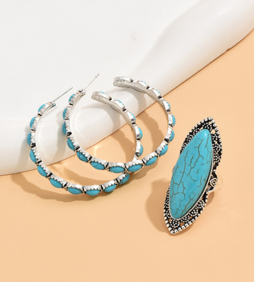 Ethnic Style Geometric Alloy Turquoise Inlay Turquoise Women's Rings Earrings