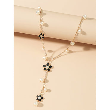 Sweet Flower Imitation Pearl Enamel Inlay Pearl Women's Sweater Chain
