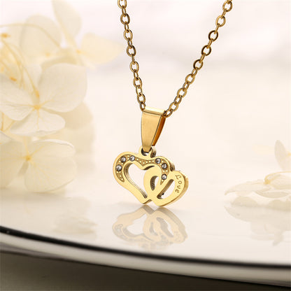 Romantic Heart Shape Stainless Steel Inlay Rhinestones Pendant Necklace