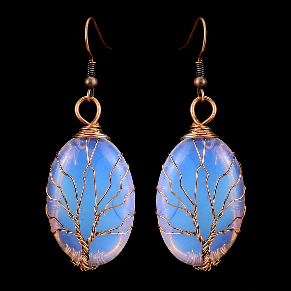 1 Pair Ethnic Style Tree Oval Alloy Natural Stone Handmade Drop Earrings