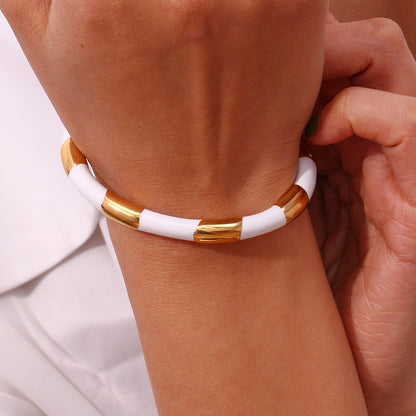 Simple Style Classic Style C Shape Color Block Stainless Steel Enamel Plating 18k Gold Plated Cuff Bracelets