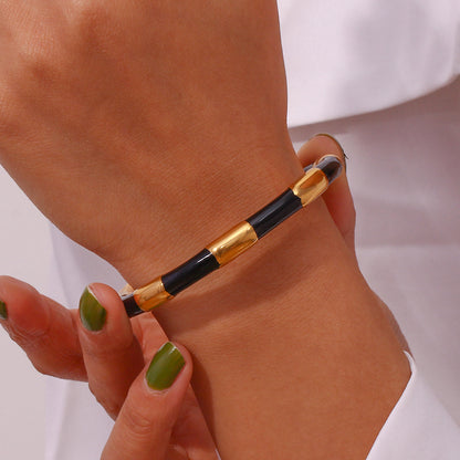 Simple Style Classic Style C Shape Color Block Stainless Steel Enamel Plating 18k Gold Plated Cuff Bracelets
