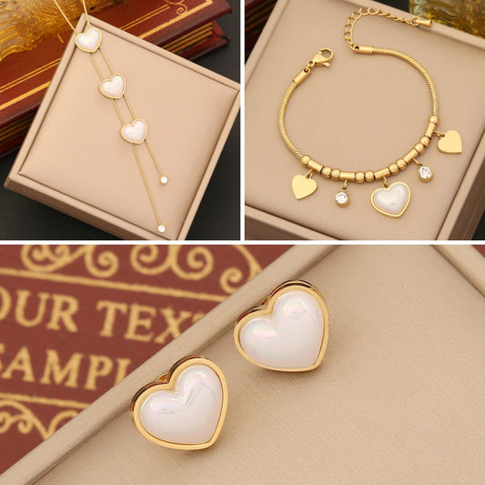 Wholesale Simple Style Commute Heart Shape Stainless Steel Inlay Artificial Pearls Rhinestones Bracelets Earrings Necklace