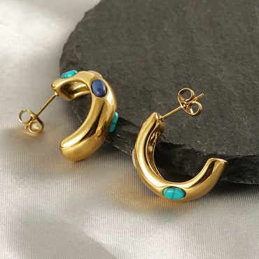 1 Pair Classical Romantic C Shape Inlay Stainless Steel Turquoise 18k Gold Plated Ear Studs
