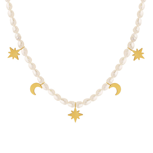 Elegant Luxurious Baroque Style Star Moon Freshwater Pearl Titanium Steel Plating 18k Gold Plated Necklace