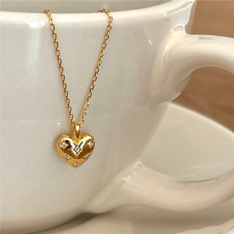 Sweet Heart Shape Sterling Silver Plating Inlay Zircon 18k Gold Plated Pendant Necklace