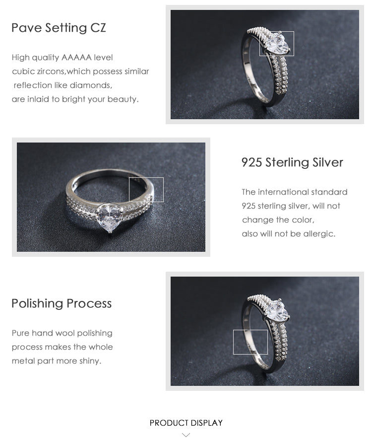 Luxurious Shiny Heart Shape Sterling Silver Rhodium Plated Zircon Rings In Bulk