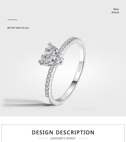 Ins Style Elegant Heart Shape Sterling Silver Hollow Out Inlay Zircon Rhodium Plated Rings