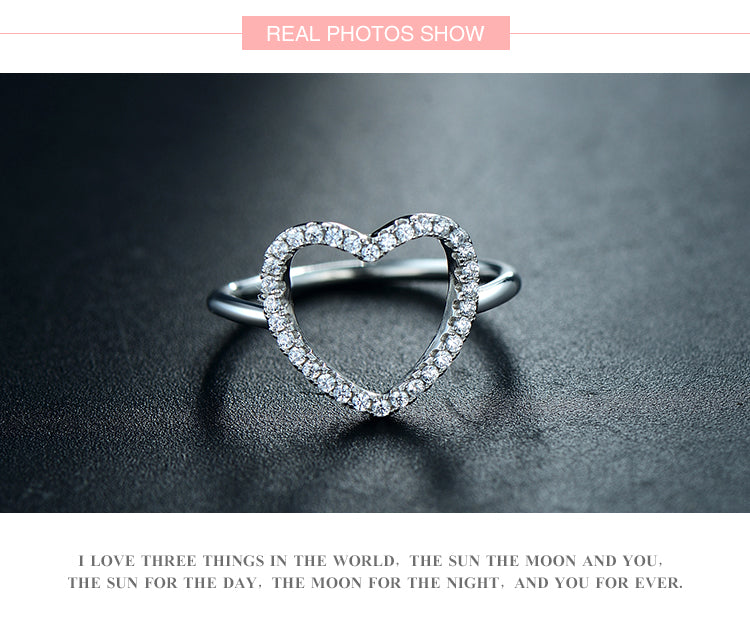 Ins Style Simple Style Shiny Heart Shape Sterling Silver Plating Inlay Zircon Rhodium Plated Rings