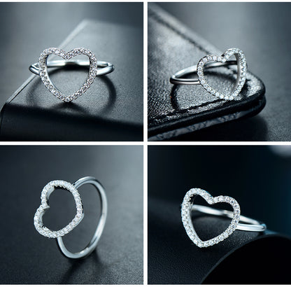 Ins Style Simple Style Shiny Heart Shape Sterling Silver Plating Inlay Zircon Rhodium Plated Rings
