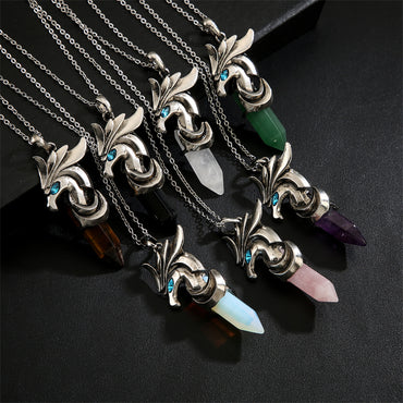Vintage Style Hippocampus Stainless Steel Inlay Natural Stone Pendant Necklace